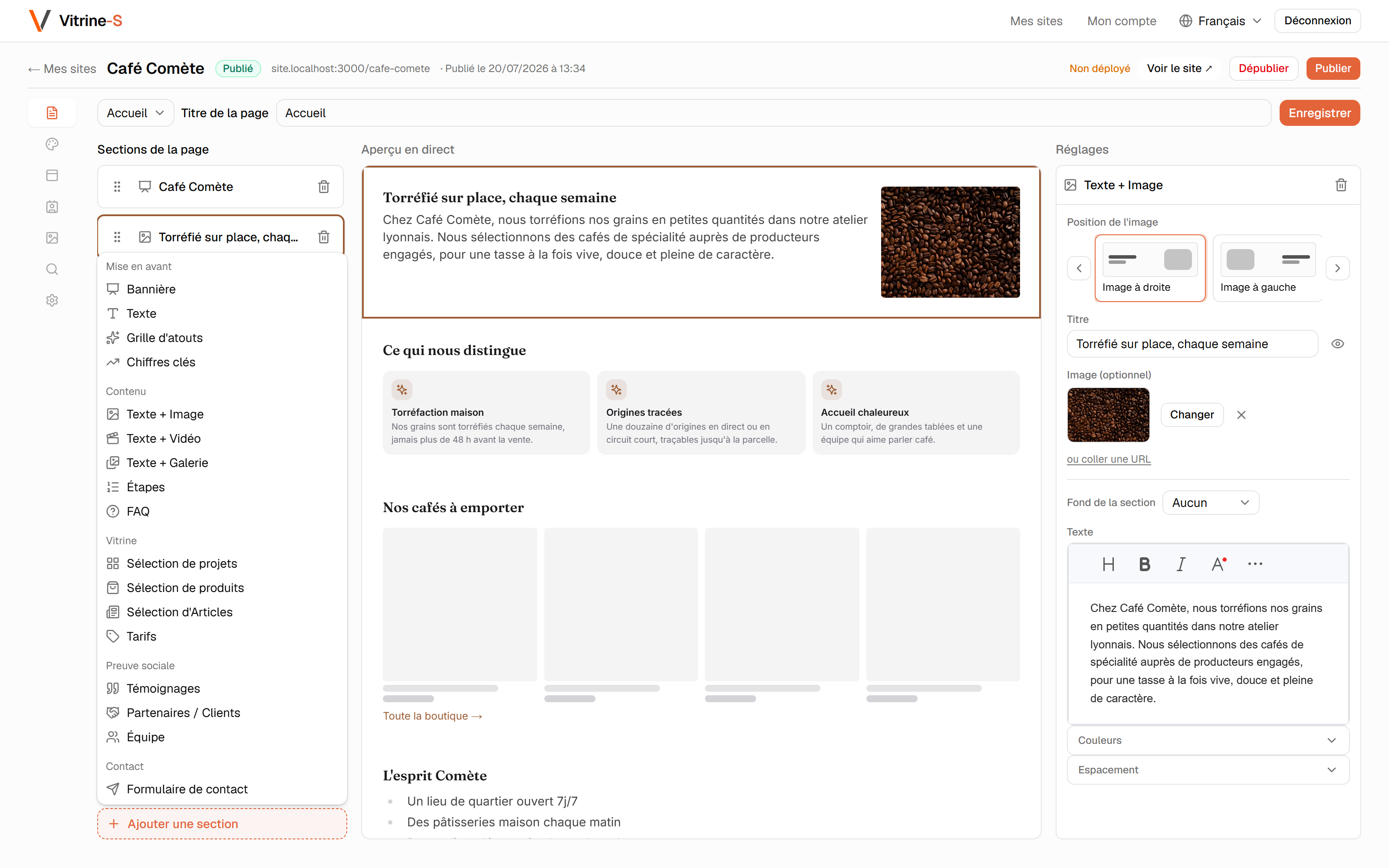 Le menu « Ajouter une section » : tous les types de sections disponibles.