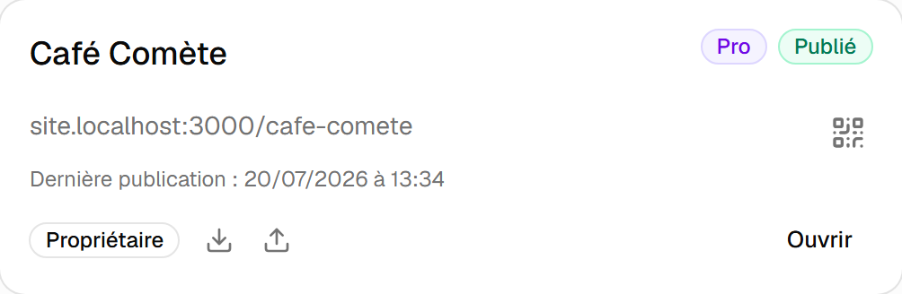 Sur la carte d'un site : l'icône « ⬇ » pour télécharger (exporter) et « ⬆ » pour importer un fichier .vitr.