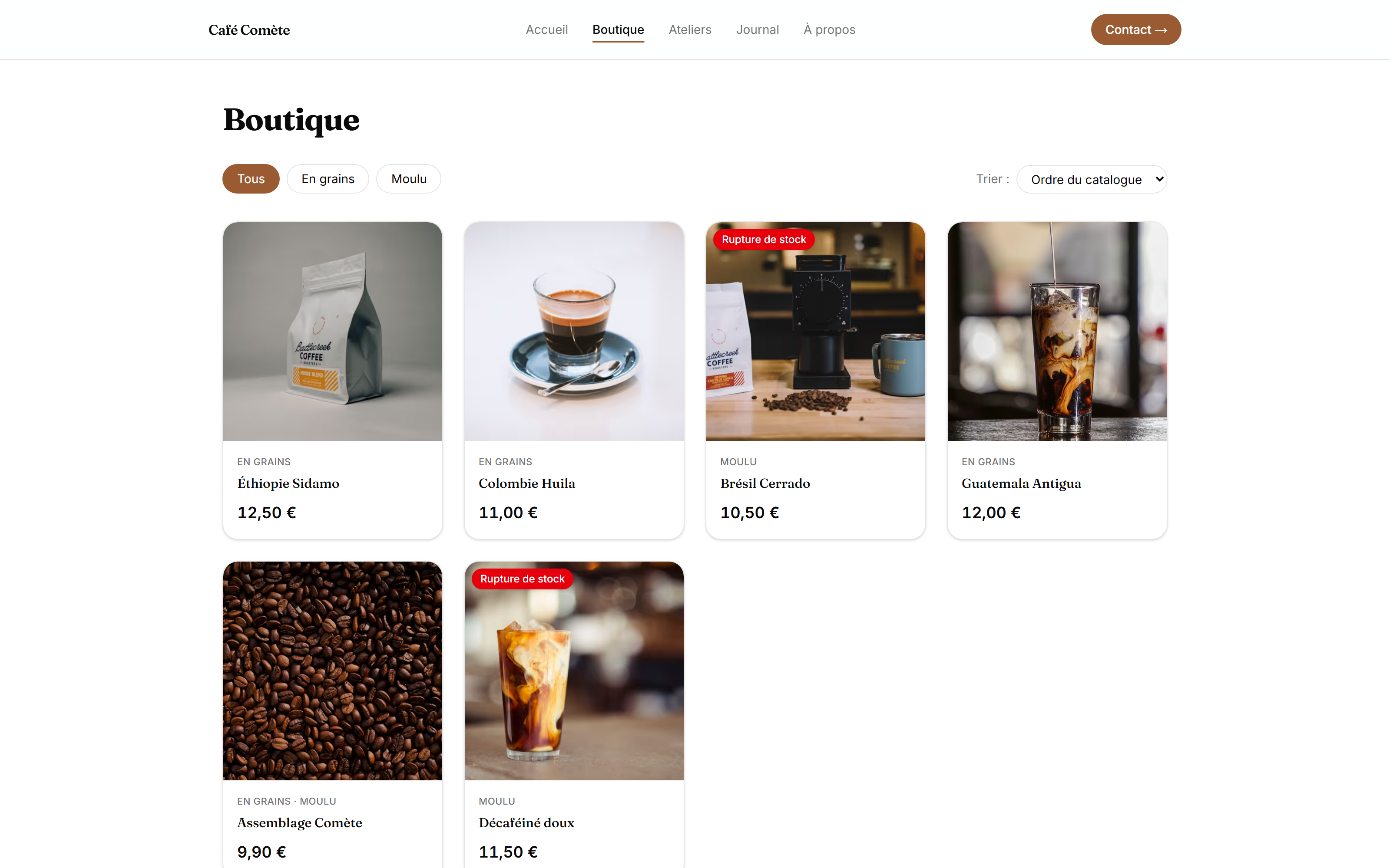 La boutique publique : une grille de produits, dont un en rupture de stock.
