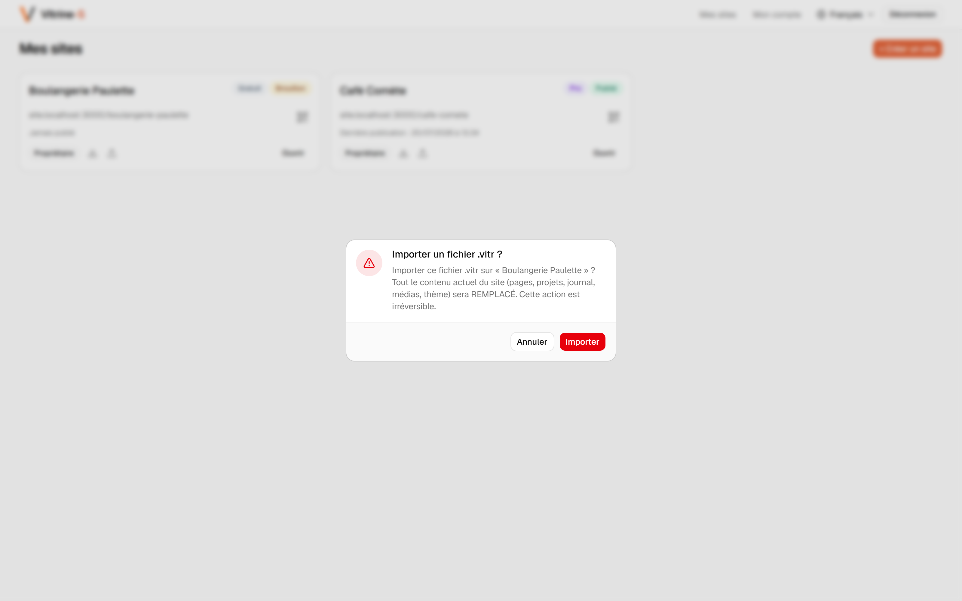 La fenêtre de confirmation : l'import remplace tout le contenu du site.