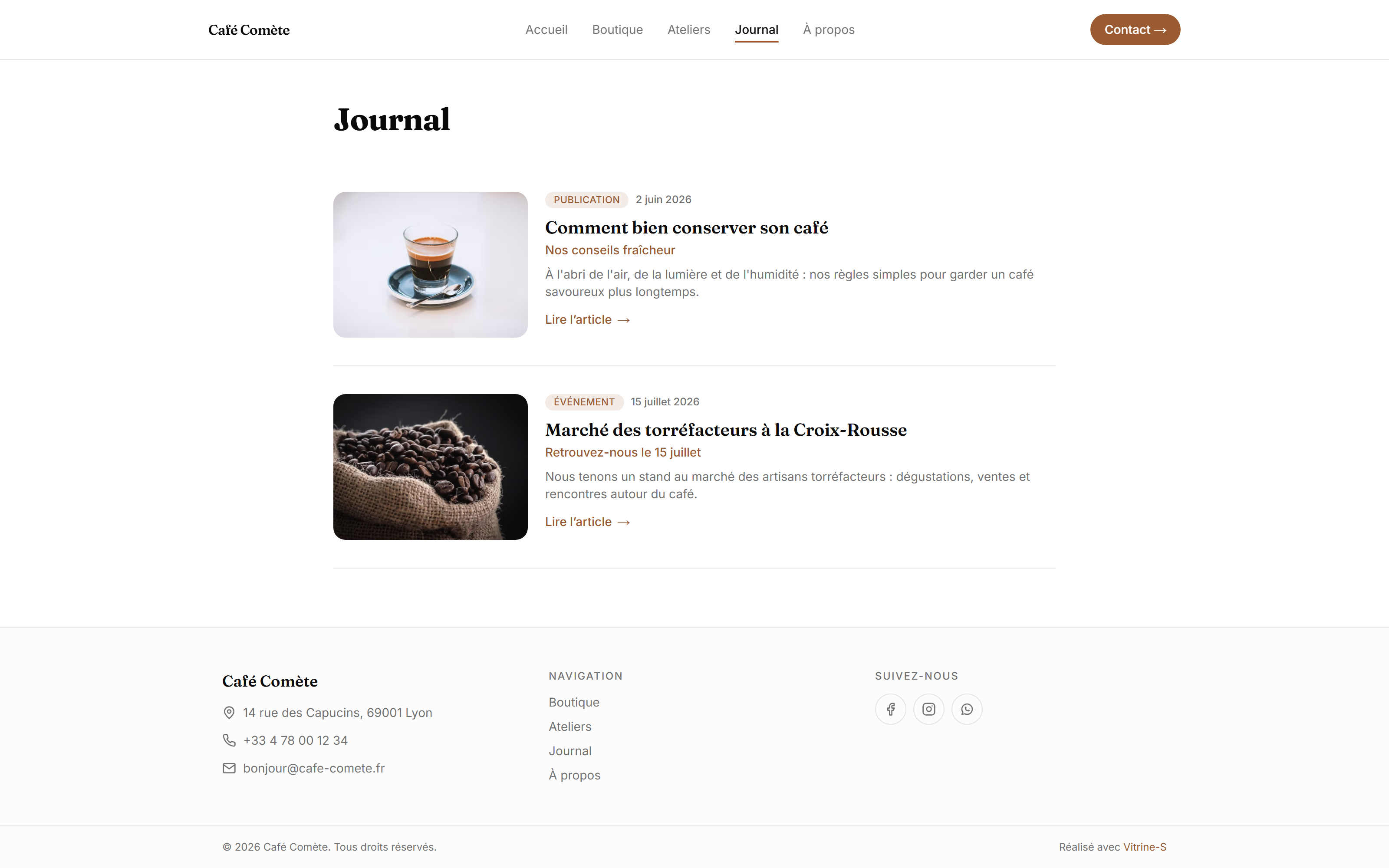 La page Journal publique : les articles avec image, date et extrait.