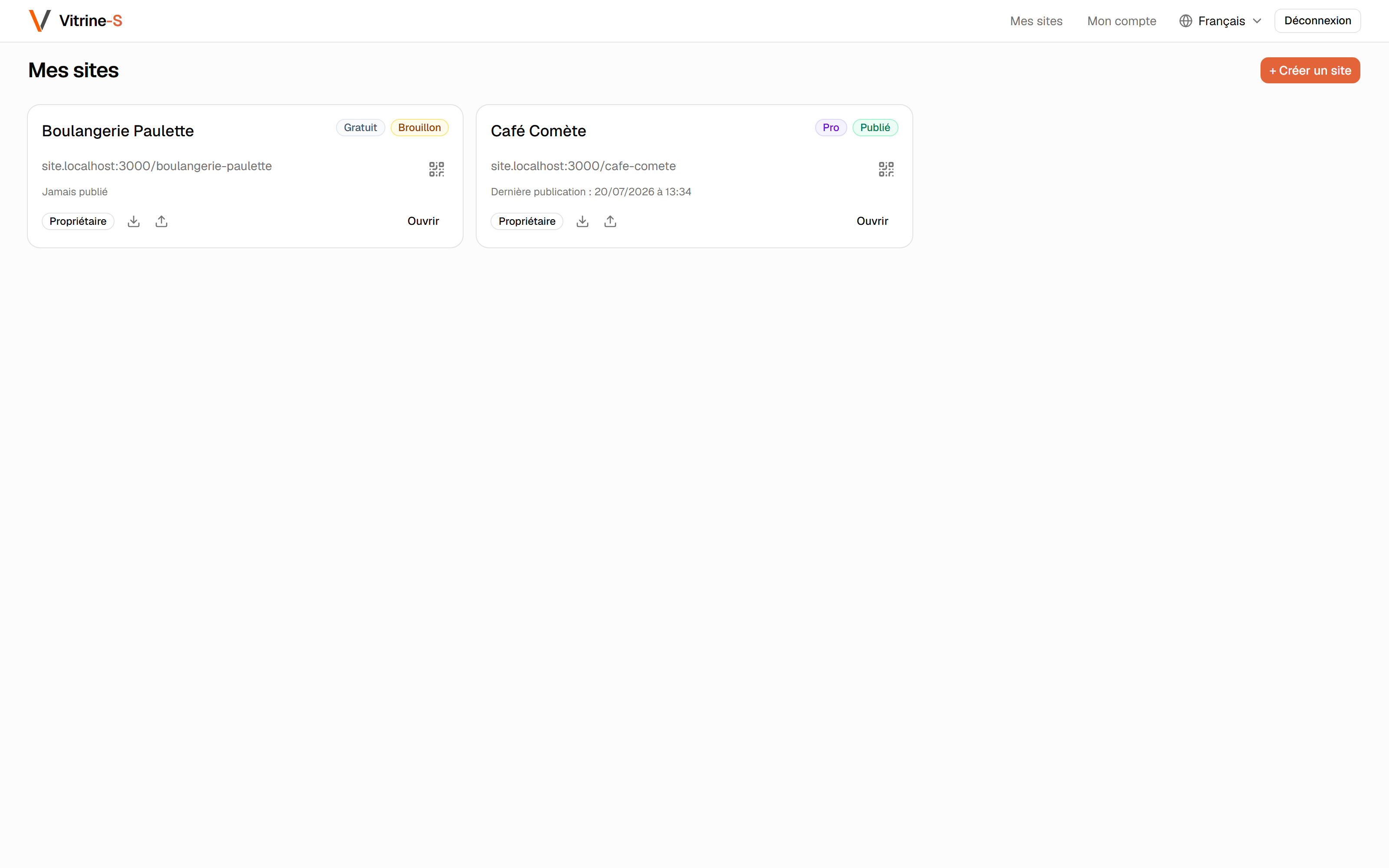 La page « Mes sites » avec le bouton « Créer un site ».