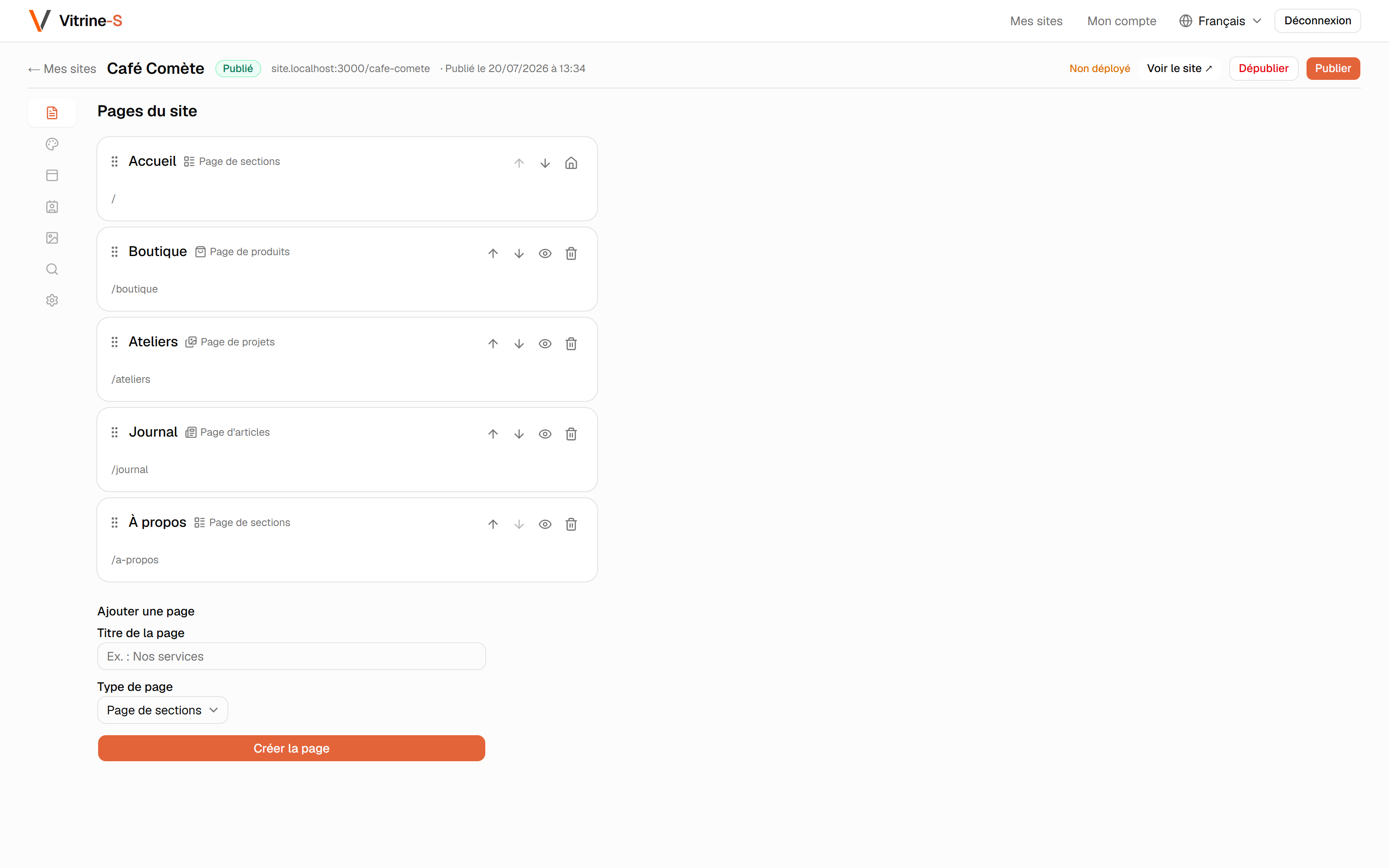 L'écran Pages : la liste des pages du site.