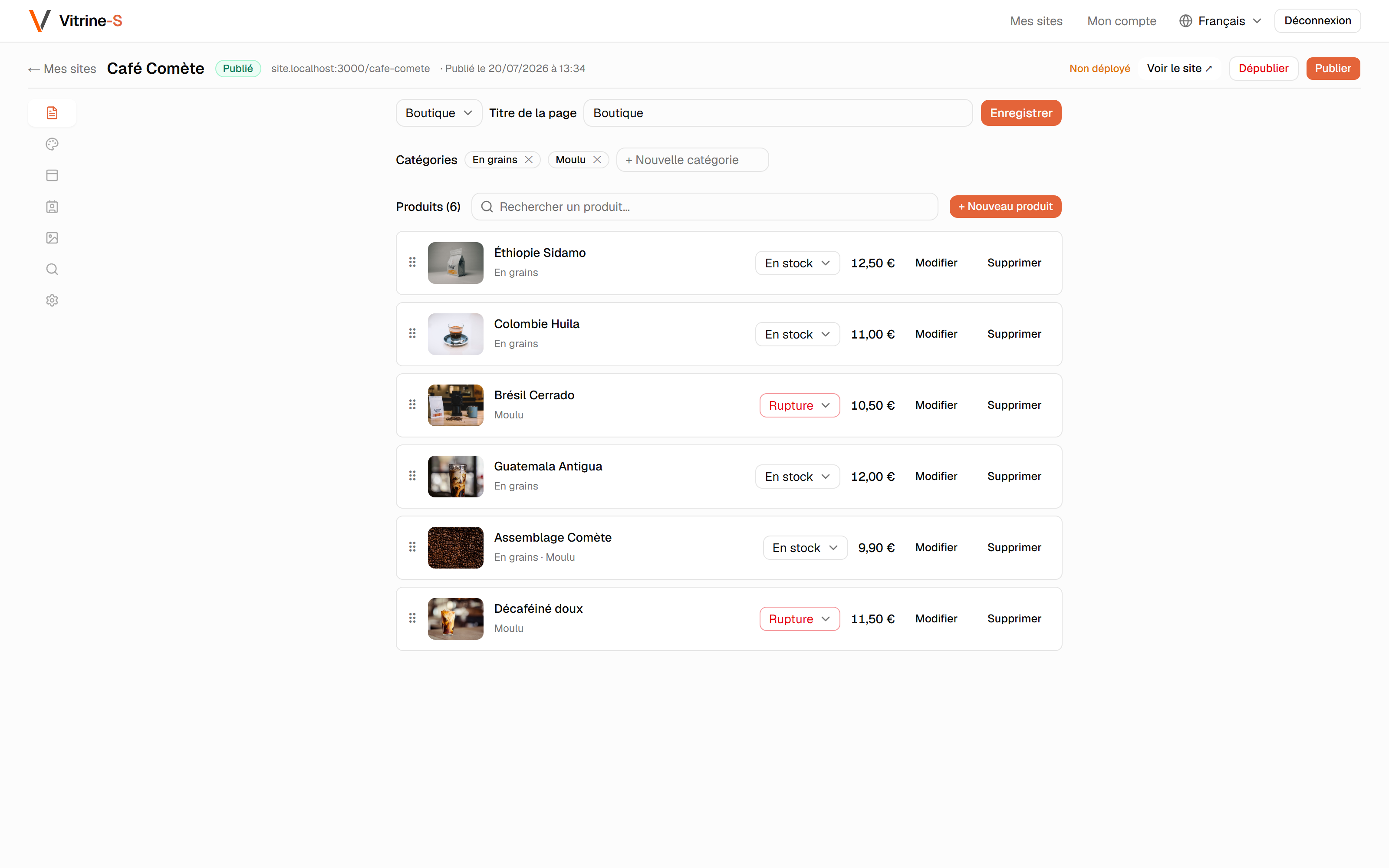 La liste des produits : recherche et menu En stock / Rupture sur chaque ligne.