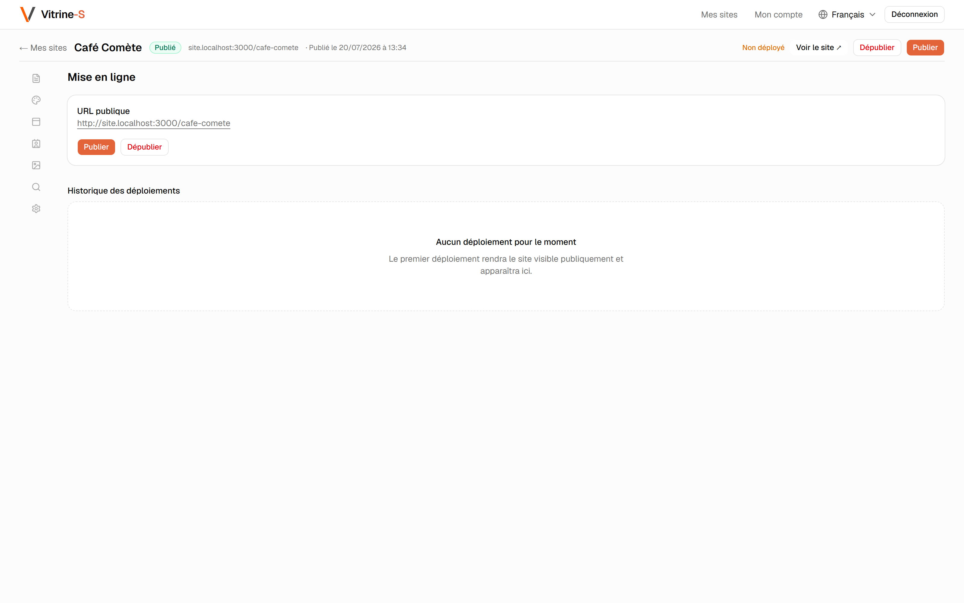 L'écran de mise en ligne : l'adresse publique et le bouton « Publier ».